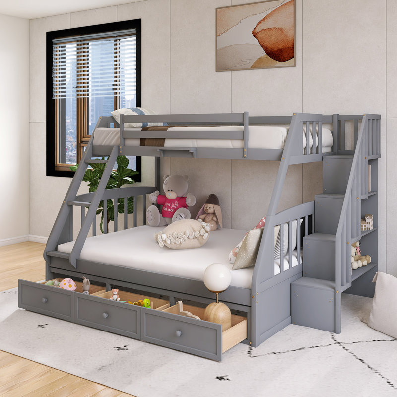 Lit superposé simple au-dessus de double avec cadre en bois avec tiroirs, échelle et escalier de rangement, Gris