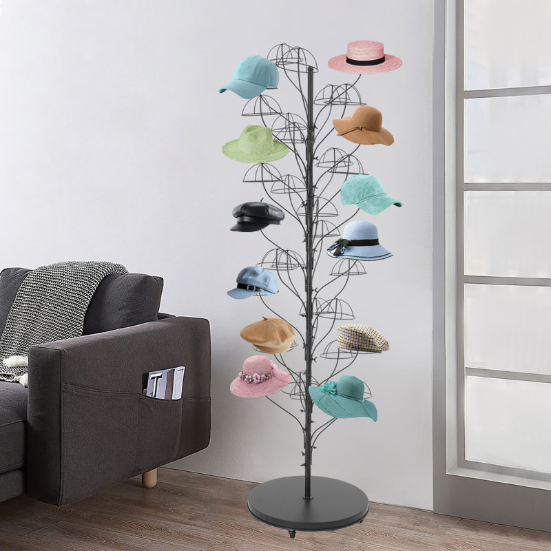 Black 19.69" W x 19.69" D x 68.90" H Tree-Like Hat Rack, 35-Tier Metal Boutique Display Stand with Dome-Shaped Holders, Black