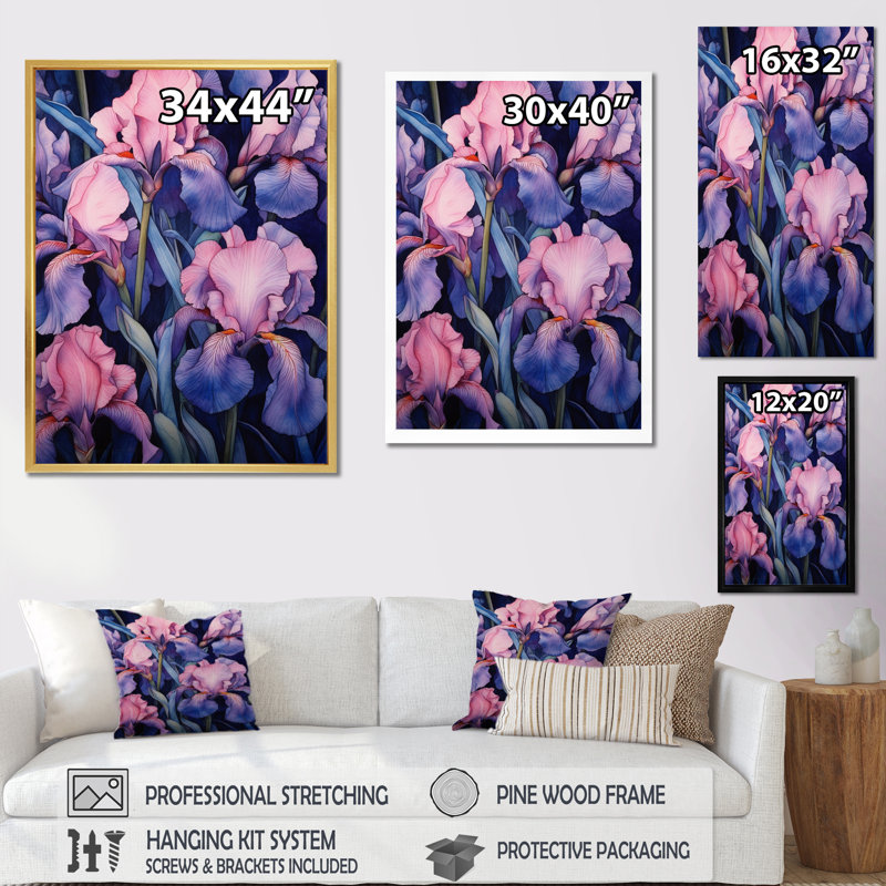 Rose, bleu, iris et pétale I, H 44 po x l 34 po x P 1,5 po, Cadre flottant noir