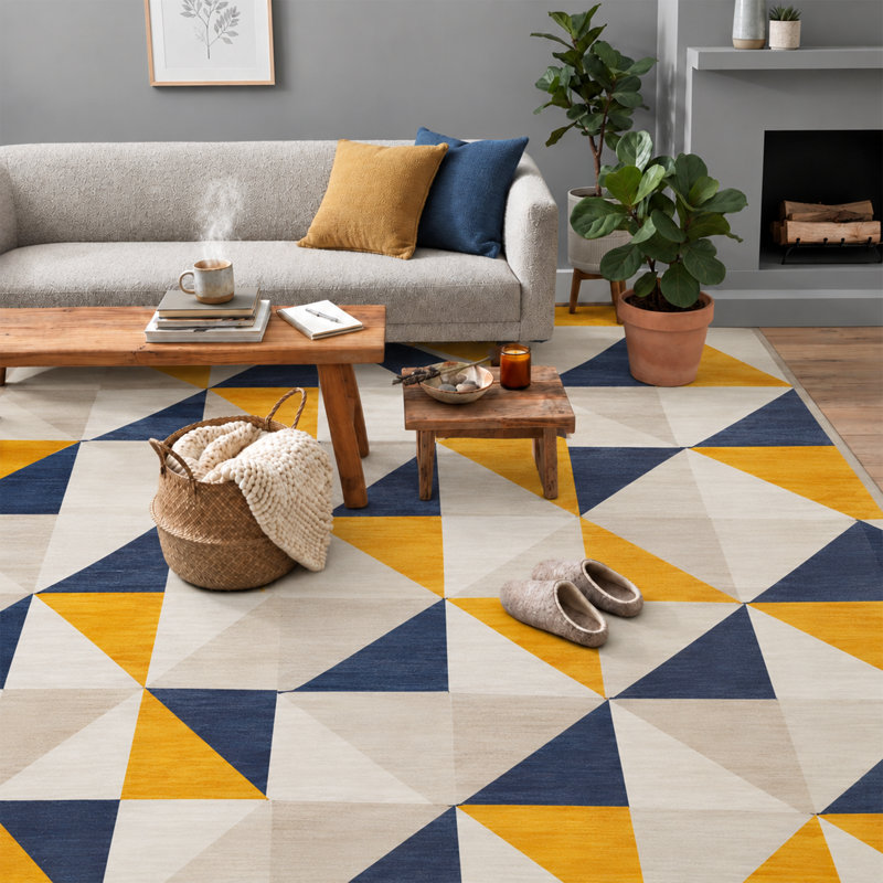 Modern Geometric Machine Tufted Area Rug – Navy Blue, Yellow & Ivory, Runner  80 x 300 cm