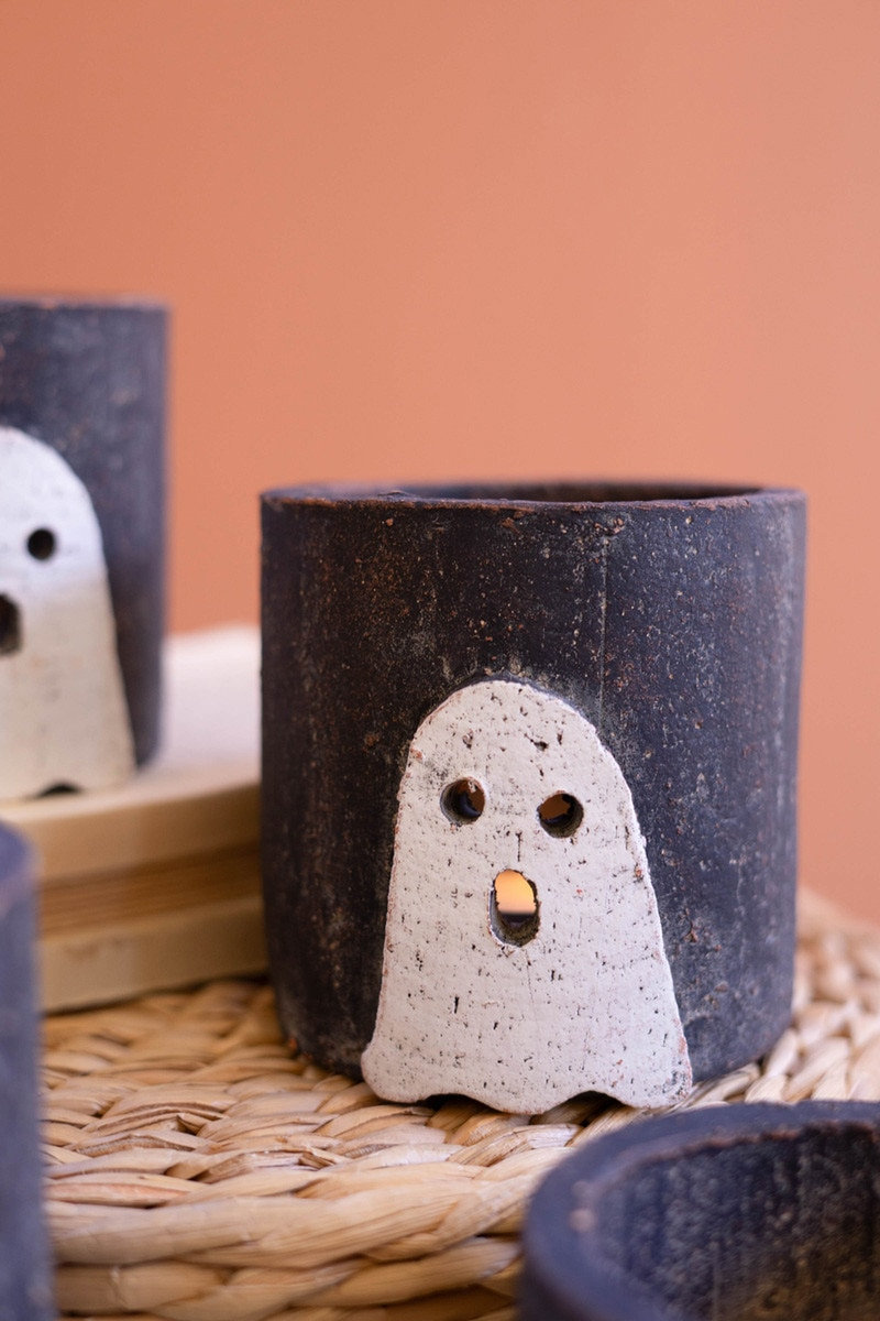  Cheerful Clay Ghost Container Playful Halloween Candle Holder Set of 2 - 4"Tall
