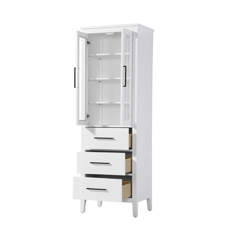 24 Inch Bath Storage Glass Cabinet in White, White, 72" H x 24" W x 72" D
