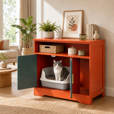 Vintage Enclosed Cat Litter Box Cabinet with Gold Handles, Odor-Control Hidden Pet Furniture with Waterproof Finish and Spacious Interior, Ideal for Living Room, Bedroom or Stylish Cat House Storage.