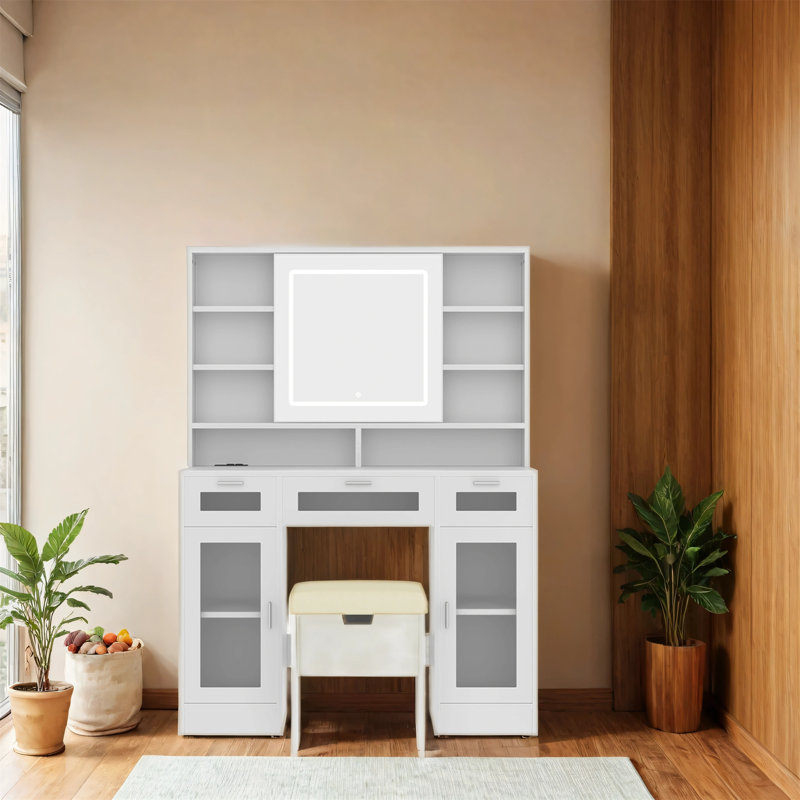 Coiffeuse avec éclairage en miroir et tabouret de rangement rembourré
