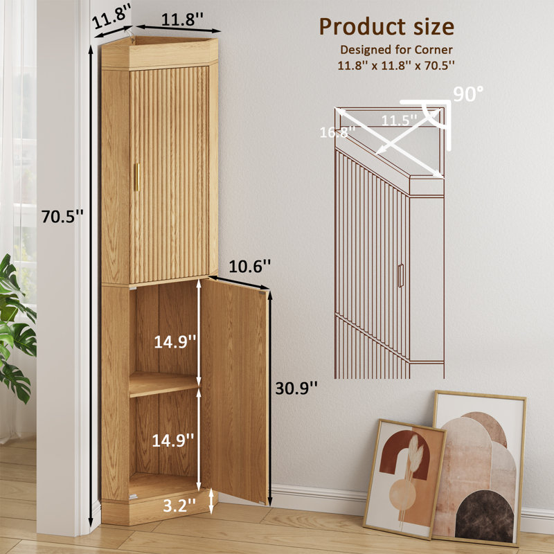 Armoire de cuisine de 70,5 po de hauteur avec 2 portes, armoire d'angle cannelée pour la cuisine, la salle à manger, le salon et la chambre à coucher