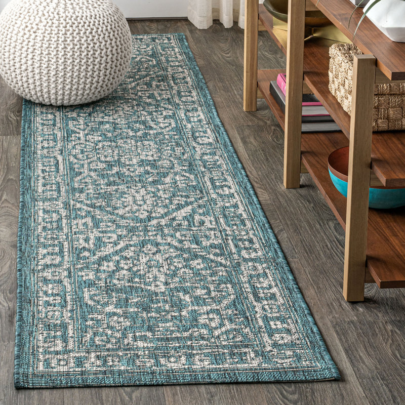 Massimo Bohemian Medallion Textured Weave Teal/Gray Indoor/Outdoor Rug, Runner 2'2" x 8'