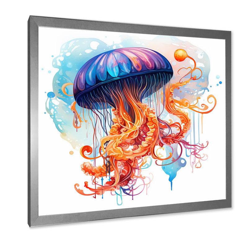 Orange et méduse bleue Jive III - art mural méduse, Silver Picture Framed, H 30 po x l 30 po x P 1,5 po