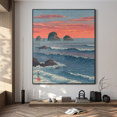 Très grande reproduction d'art sur tissu - Vagues de coucher de soleil océan et décorations de roches, décoration pour le salon ou la chambre à coucher - «Assemblage requis du cadre (cadre non fini)»