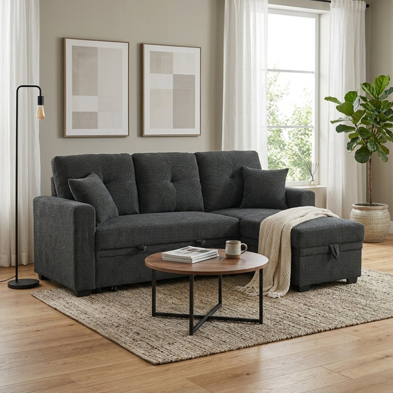 Canapé modulaire 71 po avec lit escamotable en forme de L 71 po et méridienne réversible avec rangement, Dark Gray