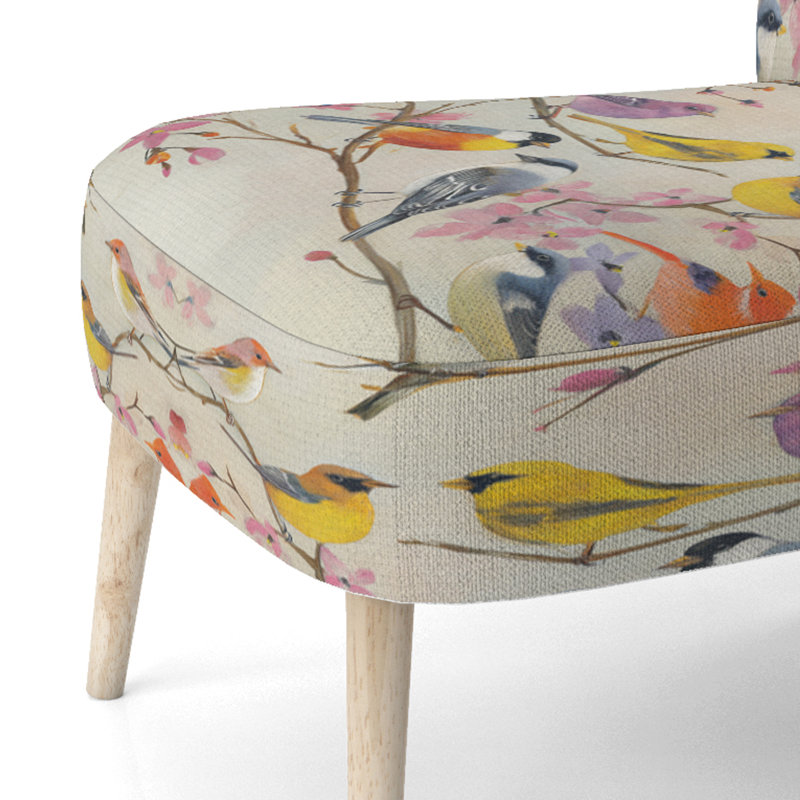 Multi-Color Bird On Tree - Upholstered Farmhouse Accent Side Chair, Cream Polyester Blend