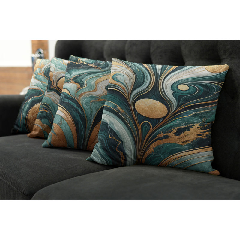 Jade Green and Amber Marble Print Square Pillow Covers