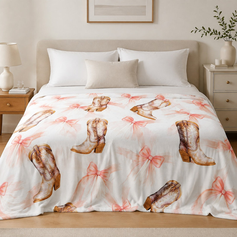 Cowboy Boots with Bows Throw Blanket, Whimsical Cowboy Boots with Bows Pattern, Ultra Soft, Lightweight, Breathable, All-Season, Skin-Friendly, Machine Washable, Decorative, for Sofa, Couch, Living Room and Bedroom