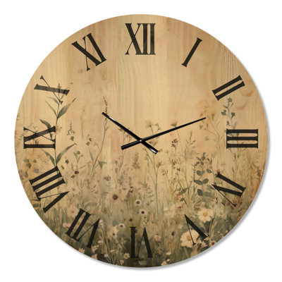 Horloge murale ronde en bois de style ferme « Prairie de fleurs sauvages fanées II »