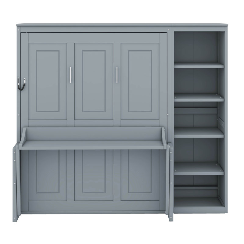 Lit escamotable double avec bureau, lit escamotable en bois avec bureau, gris