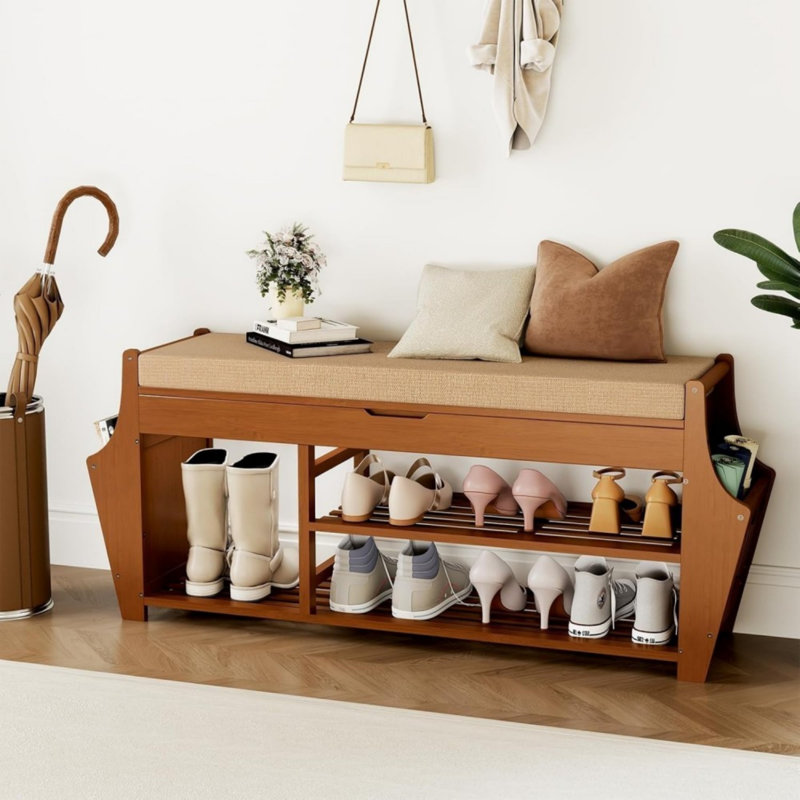 39.4In Shoe Bench With 2 Side Holder, 3 Tier Bamboo Entryway Bench With Storage, Shoe Rack Bench Organizer With Cushion For Entryway Hallway Living Room, Holds Up To 330Lbs