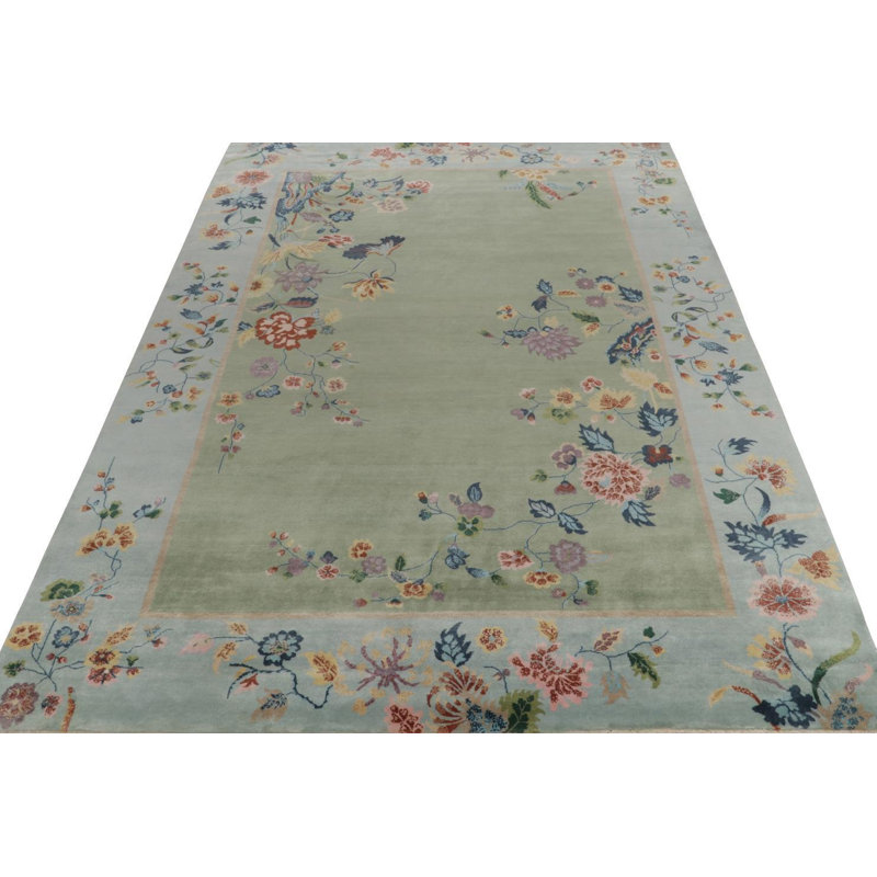 Rug & Kilim’S Chinese Deco Rug In Green With Blue Border & Floral Patterns, Rectangle 5' x 7'