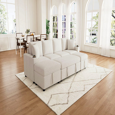 Canapé-lit modulaire convertible en L de 109,1 po avec canapé-lit en U et canapé-lit mobile avec rangement pour le salon, beige