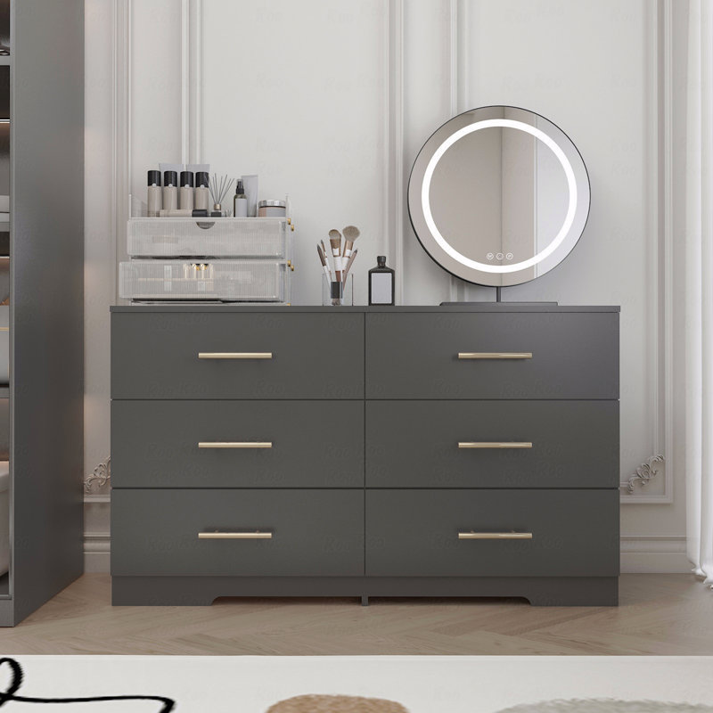 Grande commode 6 tiroirs de couleur noire avec poignée dorée, Noir