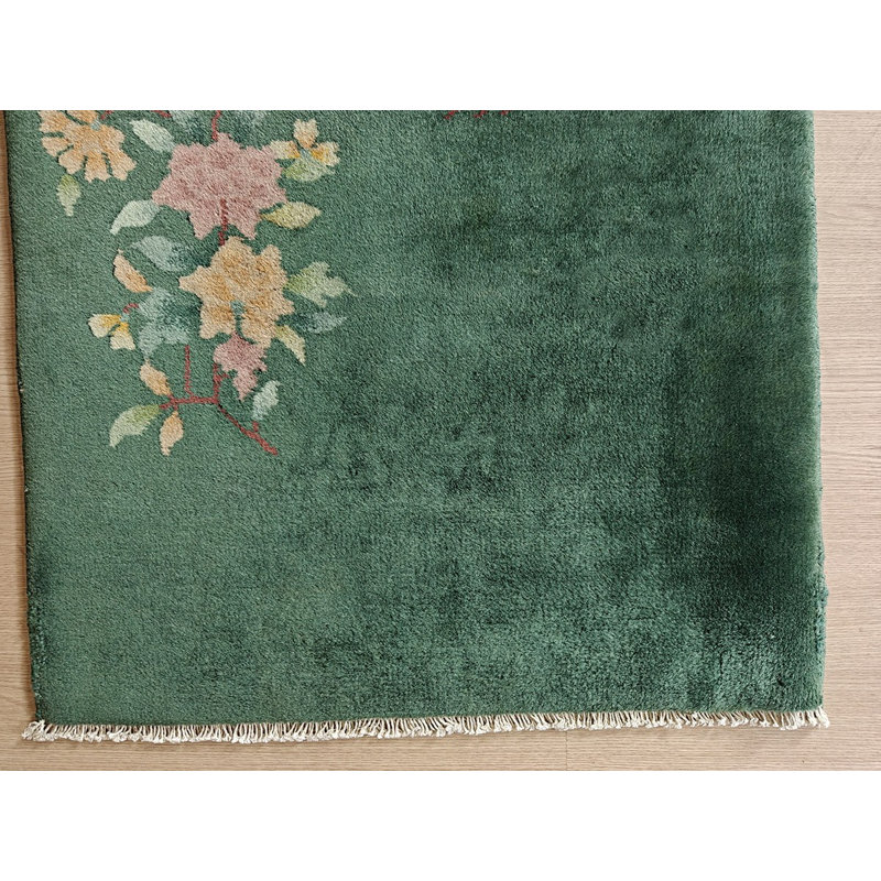 Small Size Wool Pile Green Color Antique Floral Chinese Deco Throw Rug