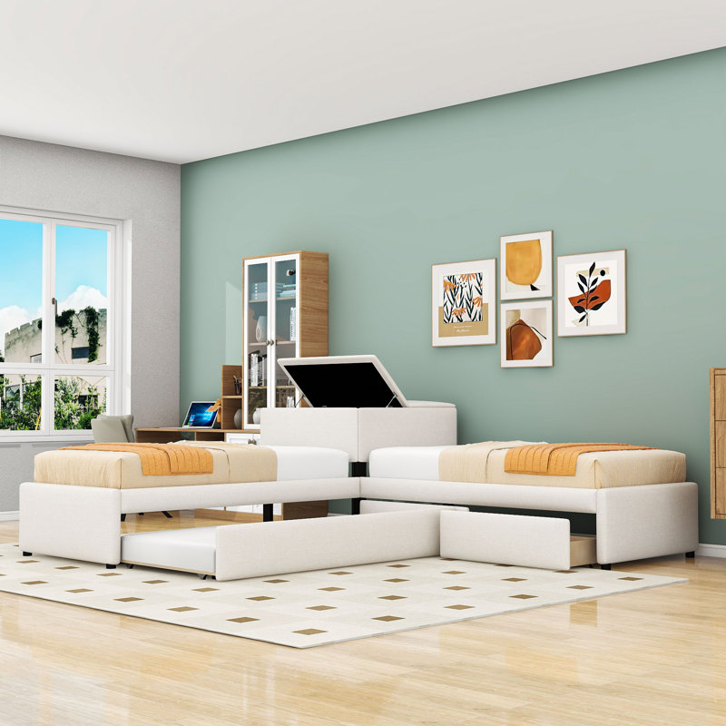 Lit plateforme tapissier simple à 2 tiroirs en L avec lit gigogne et bureau, Beige