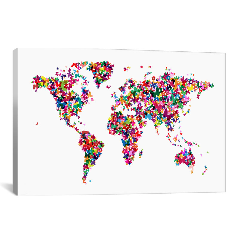« papillons world map », impression sur toile, H 18 po x l 26 po x P 1,5 po, Pas de tapis, Toile tendue