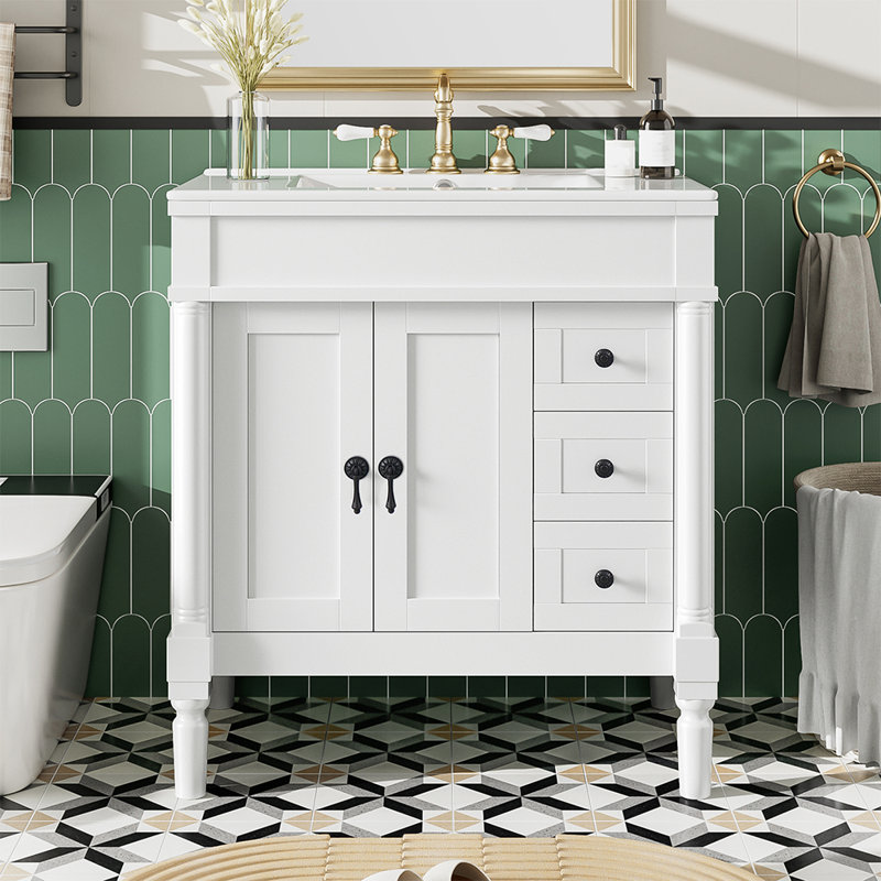 Armoire de salle de bain élégante avec lavabo et 2 portes et 3 tiroirs, Blanc