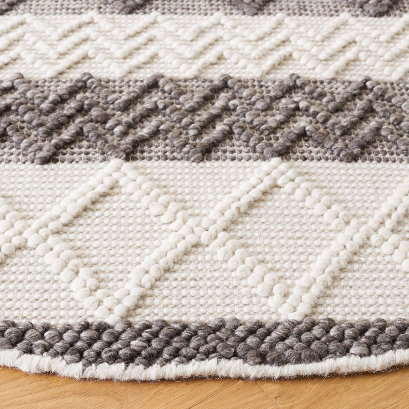 Atousa Hand Woven Wool/Cotton Striped Rug in Ivory/Grey, Round 6'