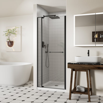 28-32" W x 72" H Frameless Pivot Shower Door with 1/4" (6mm) and 5/16" (8mm) Tempered Glass, Swing Shower Glass Door with Towel Bar, 105°Stop Prevents Collisions, Matte Black Finish