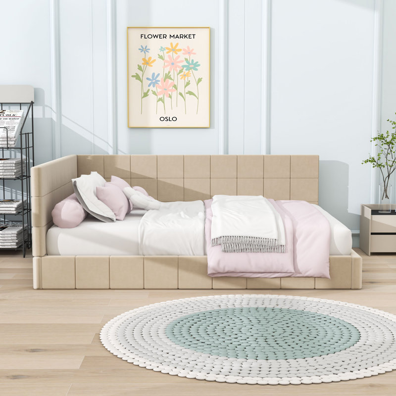 Lit de jour en bois rembourré avec support central, Beige