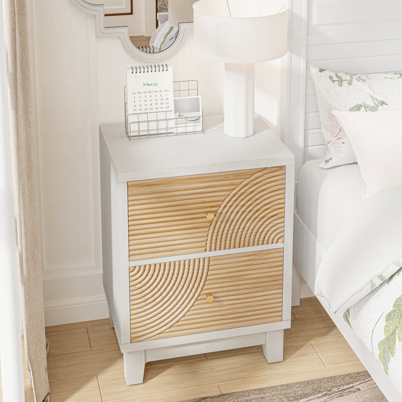 Fayola Farmhouse Brown 2 Drawers Nightstand with Ring Pattern, White