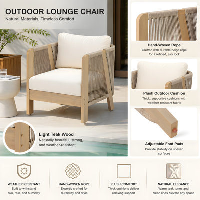 Fauteuils club d'extérieur en bois d'acacia massif Everett avec accoudoirs en corde tissée à la main Everett