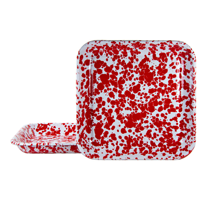 Set of 2 Red Swirl Enamel Square Trays