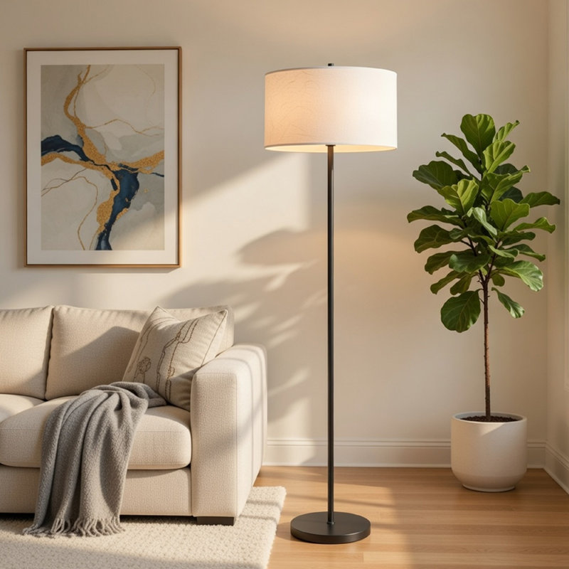 Avira 61 Inch Floor Lamp, String Pattern White Fabric Shade, Black Metal, White