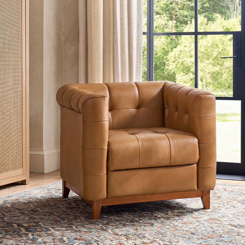 Fauteuil demi-tonneau carré en cuir véritable transitionnel 35,25 po Alisier, Camel