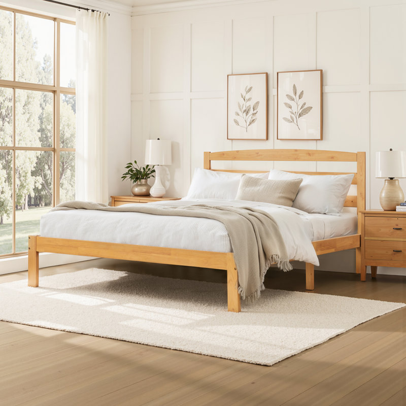 12 Inch Solid Wood Platform Bed Frame with Headboard, No Box Spring Needed and Easy Assembly, Natural, Queen