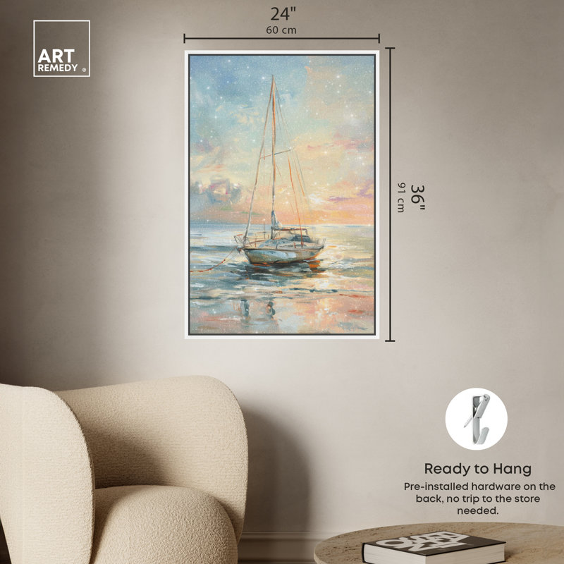 Boat on the Shore Sunset Canvas Wall Art with White Frame