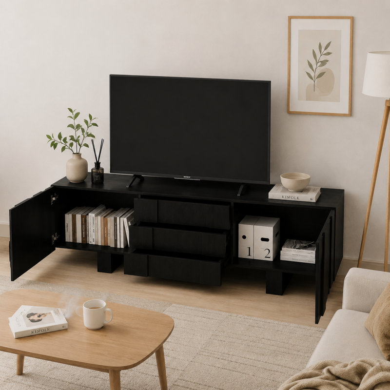 Meuble télé 70,9 po, meuble télé de salon avec rangement et deux pieds hauts, Black