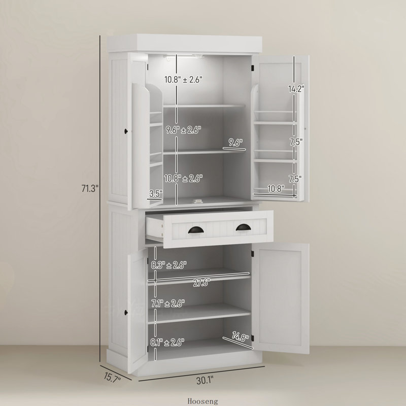 Armoire de cuisine Nordic avec lumières DEL, 6 tablettes de porte, tiroir et 4 tablettes réglables