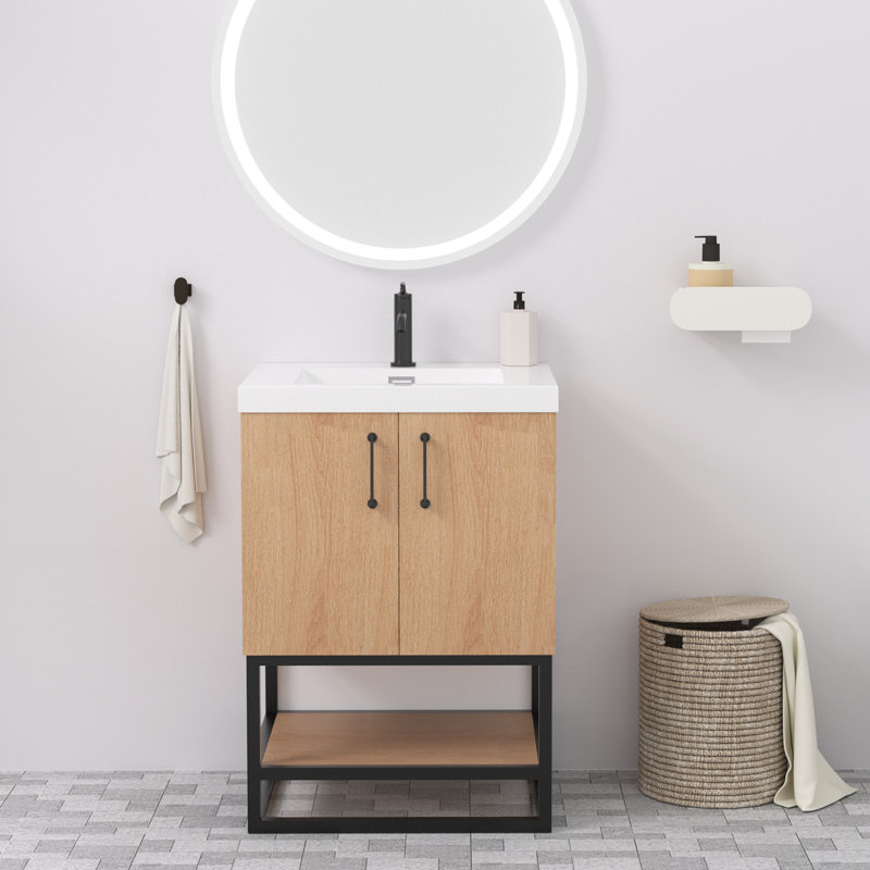 Meuble-lavabo simple autoportant 24 po avec comptoir en résine et cadre en métal noir