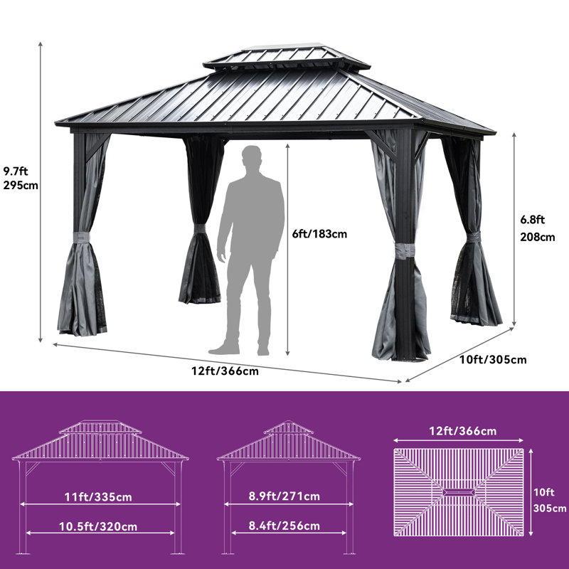 Outdoor Aluminum Hardtop Patio Gazebo with Curtain and Netting, 12 ft x 10 ft