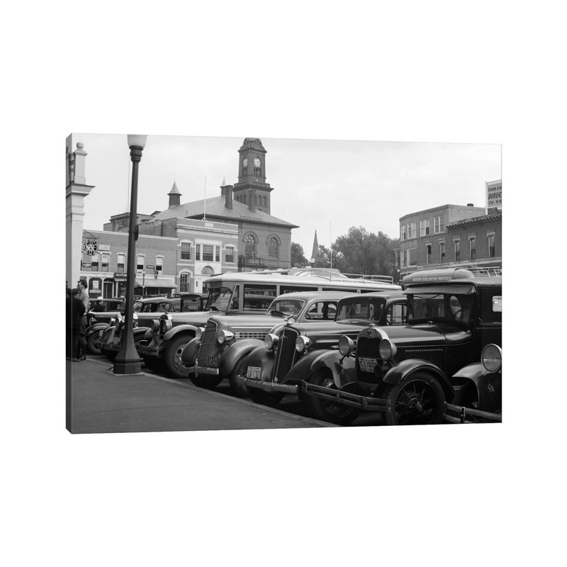1930s Buses Cars Parked Small Town Square Claremont New Hampshire USA by Vintage Images - Wrapped Canvas Print