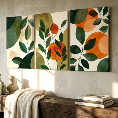 3 Pieces Abstract Botanical Large Wall Art with Green and Orange Leaf Patterns, Three Pieces Wall Art for Living Room, Bedroom, Office, and Home Decor