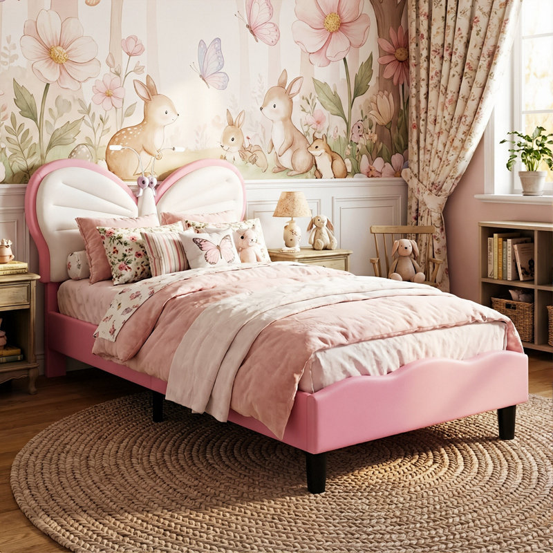 Kids Upholstery Butterfly Bed, Mixed Velvet & PU Leather Headboard With LED Antennae Lights & Adjustable Height, UK & EU Single (90X190/200cm)