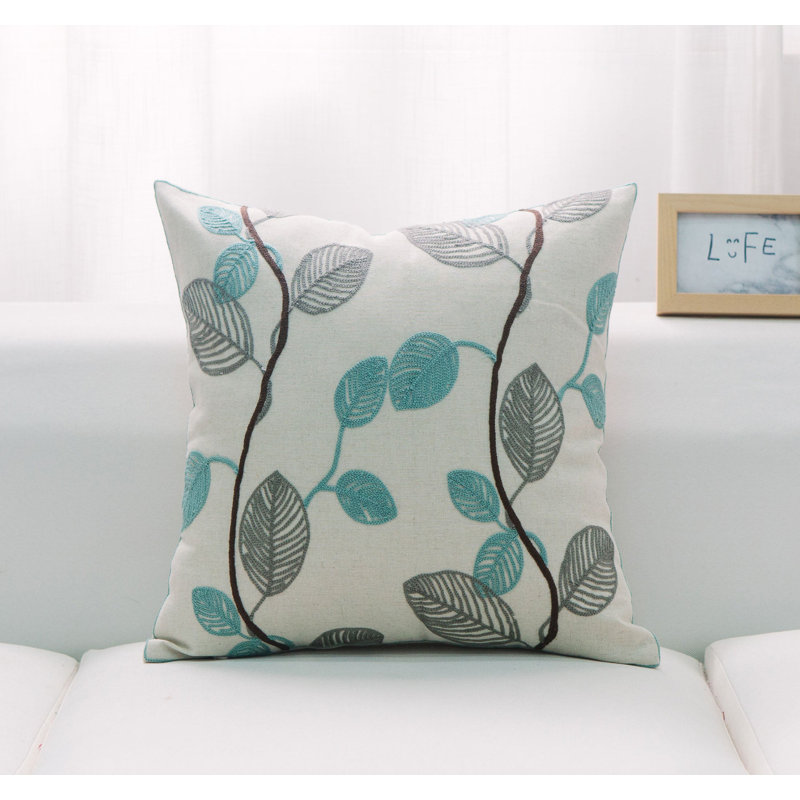 Leaves And Polyester Insert Pillow, White/Teal/Gray