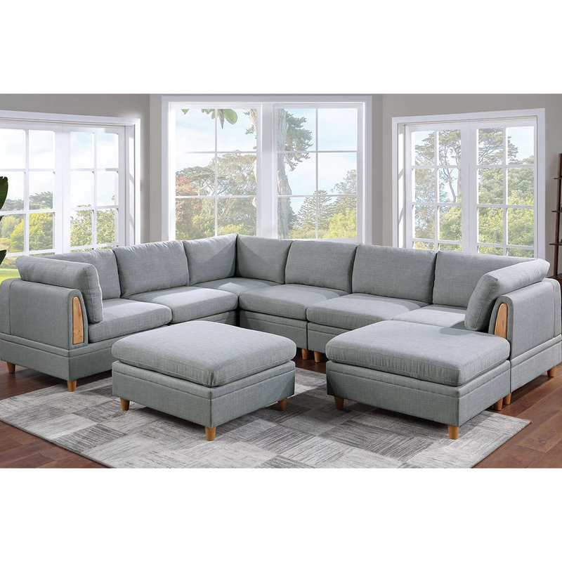 Canapé modulaire 8 pièces, gris, bois moderne et pour salon de style contemporain, tissu gris, dossier épuré