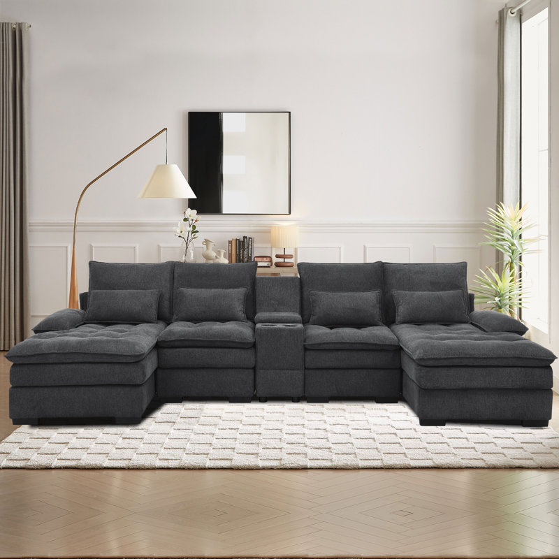 Alhertine Gray U-Shape Couch with Comfy Armrests & Seat Sectionals ,Console storage and Cup Holders, Gray Linen