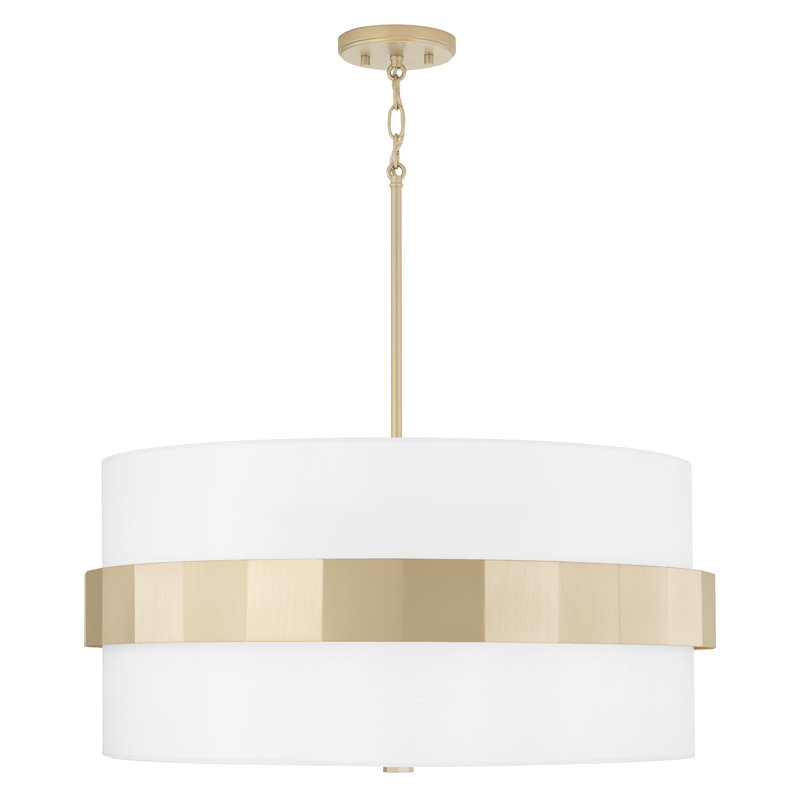 Elegant Soft Gold Drum Pendant with White Fabric Shade
