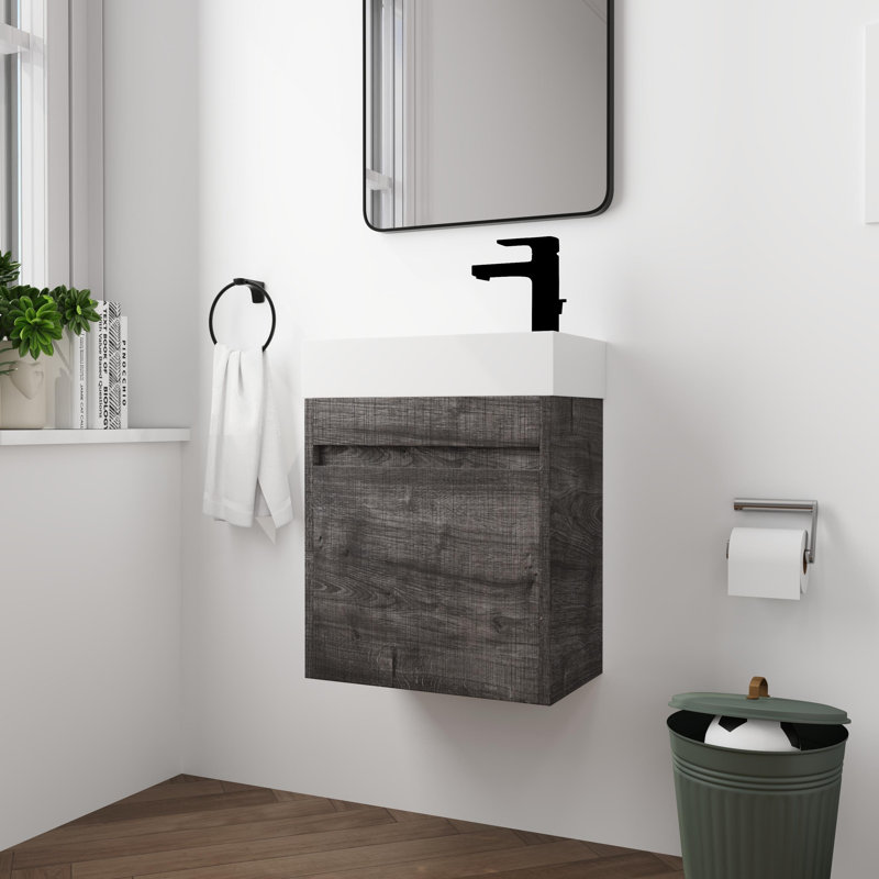 Ensemble de meuble-lavabo simple mural 18 po Ajahn, meuble-lavabo flottant avec porte à fermeture douce, plateau en résine