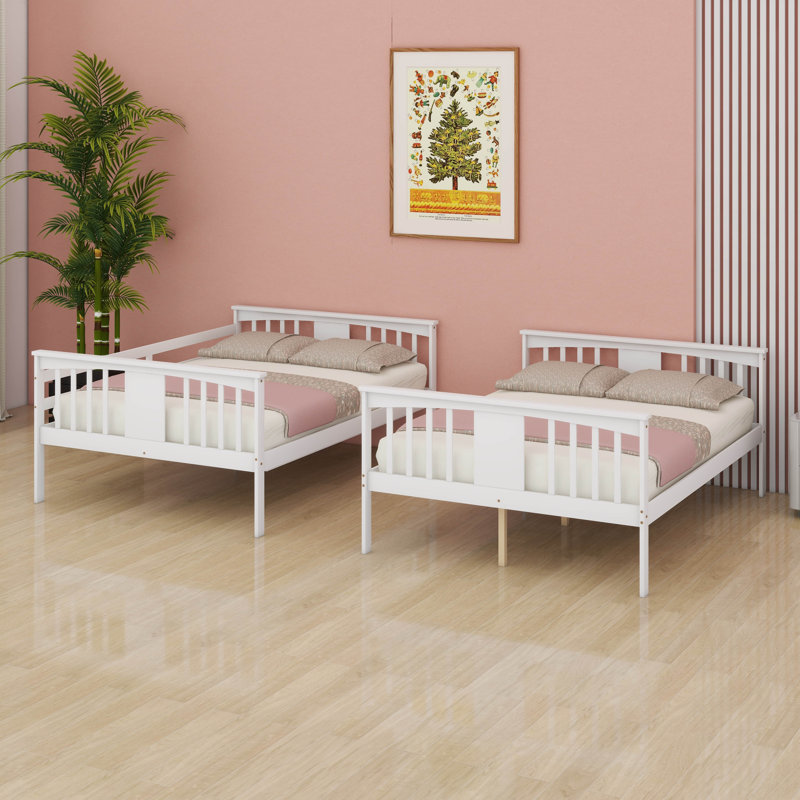 Full Over Full Bunk Bed With Ladder And Full-Length Guard Rail,Wood Bunkbed W/Slat Support,Space Saving, White
