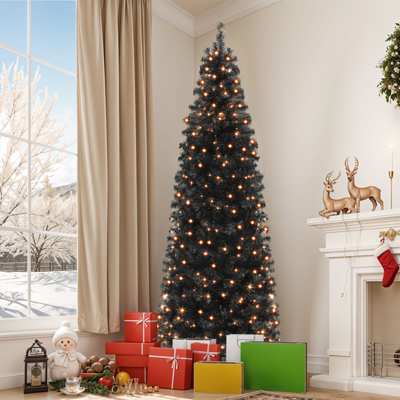 Arbre de Noël artificiel noir de 6 pi, arbre des Fêtes, arbre d'Halloween avec lumières préinstallées et branches à charnière automatique